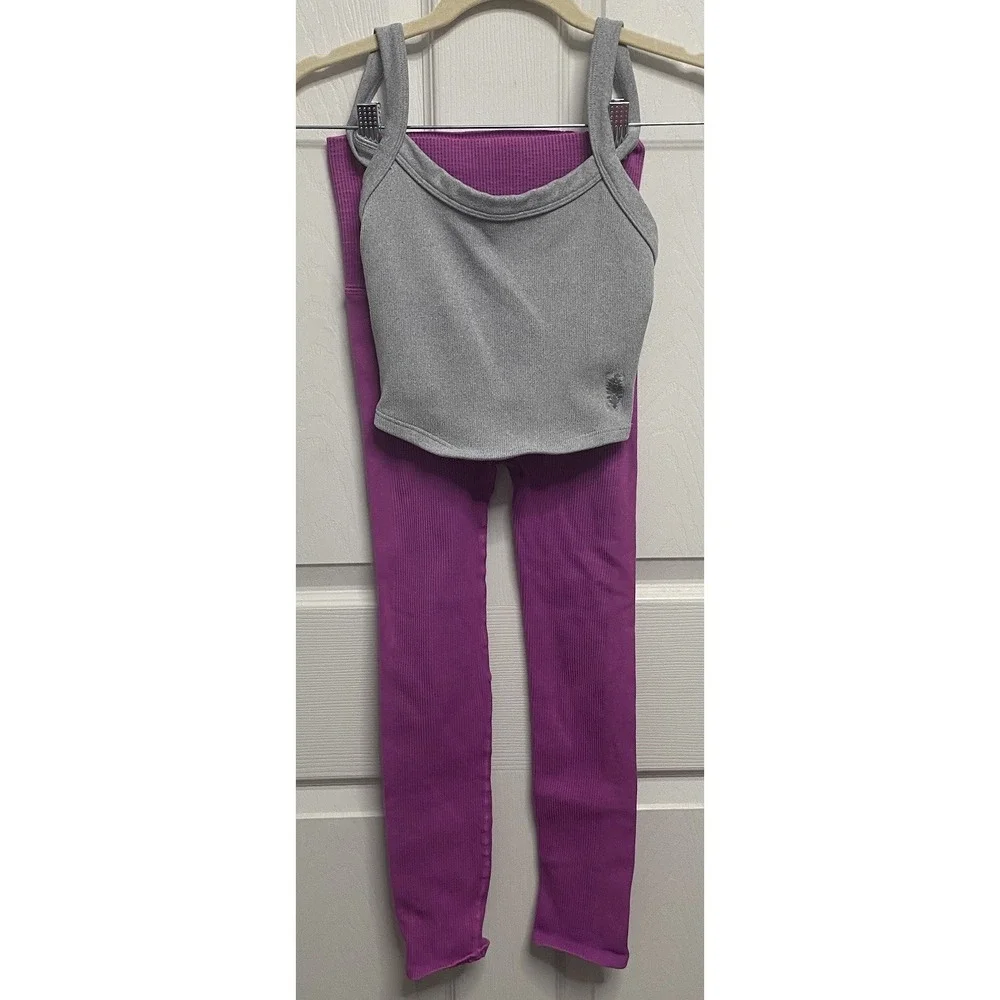 Free People Movement Women Ribbed Hot Pink Leggings & Gray Sports Bra Set XS